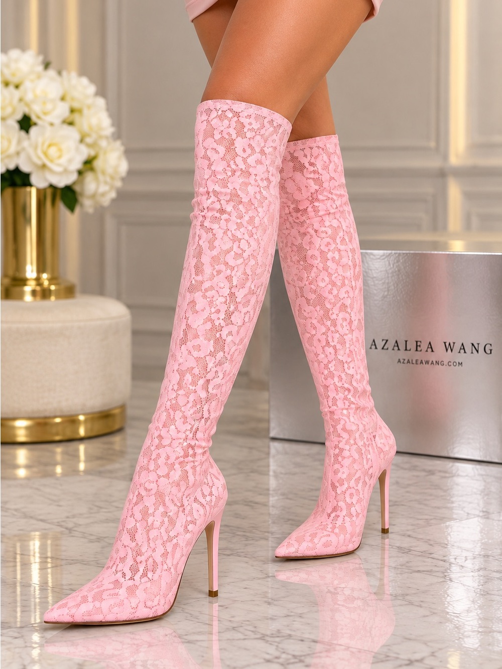 Pink Lace Knee-High Stiletto Boots